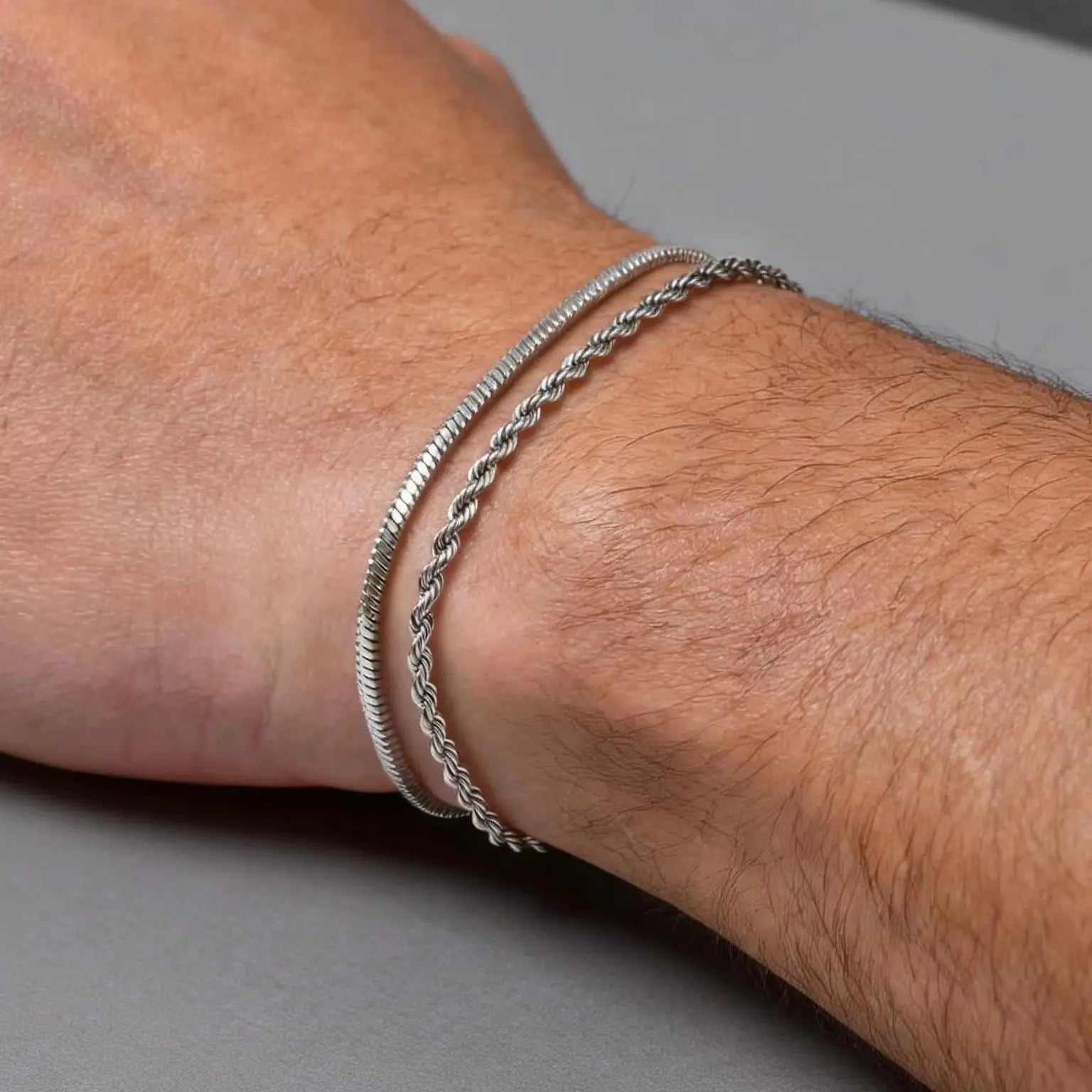 Men's Silver Stainless Steel Chain Bracelets, Adjustable Rope Wristband