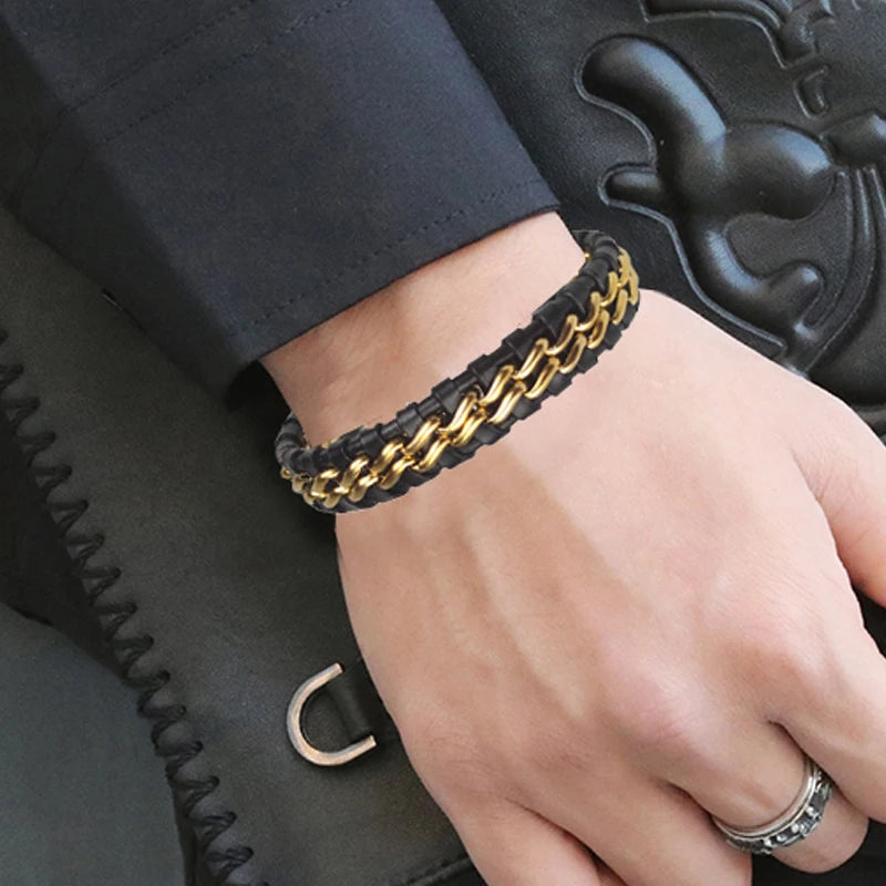 Genuine Leather Chain Bracelet for Men Stainless Steel Clasp