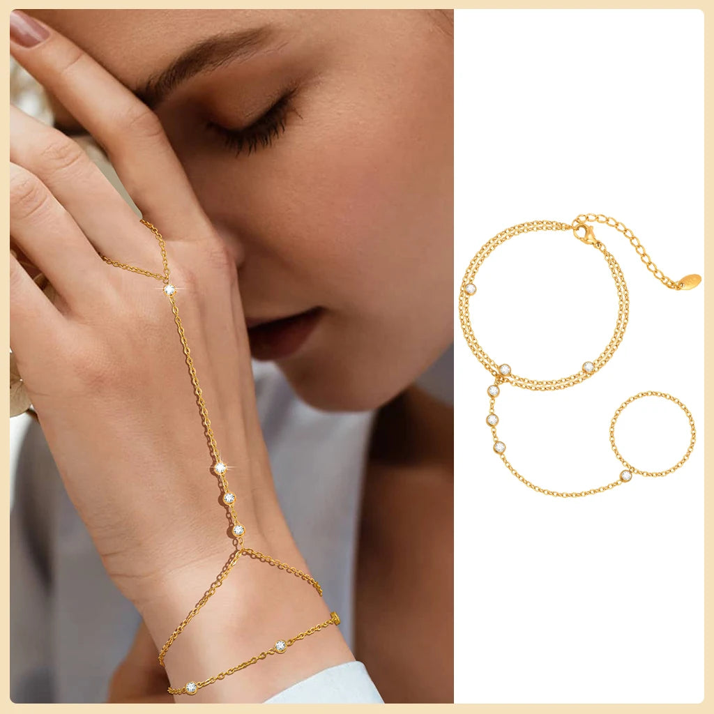 Gold Stainless Steel Hand Chain Ring Bracelet for Women