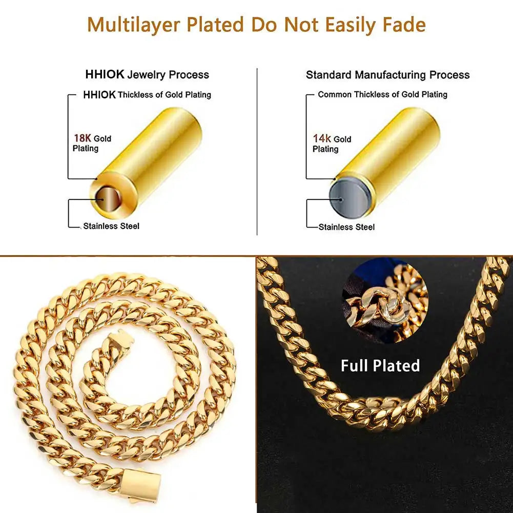 Cuban Link Chain Necklace Stainless Steel Gold Color 8-14mm