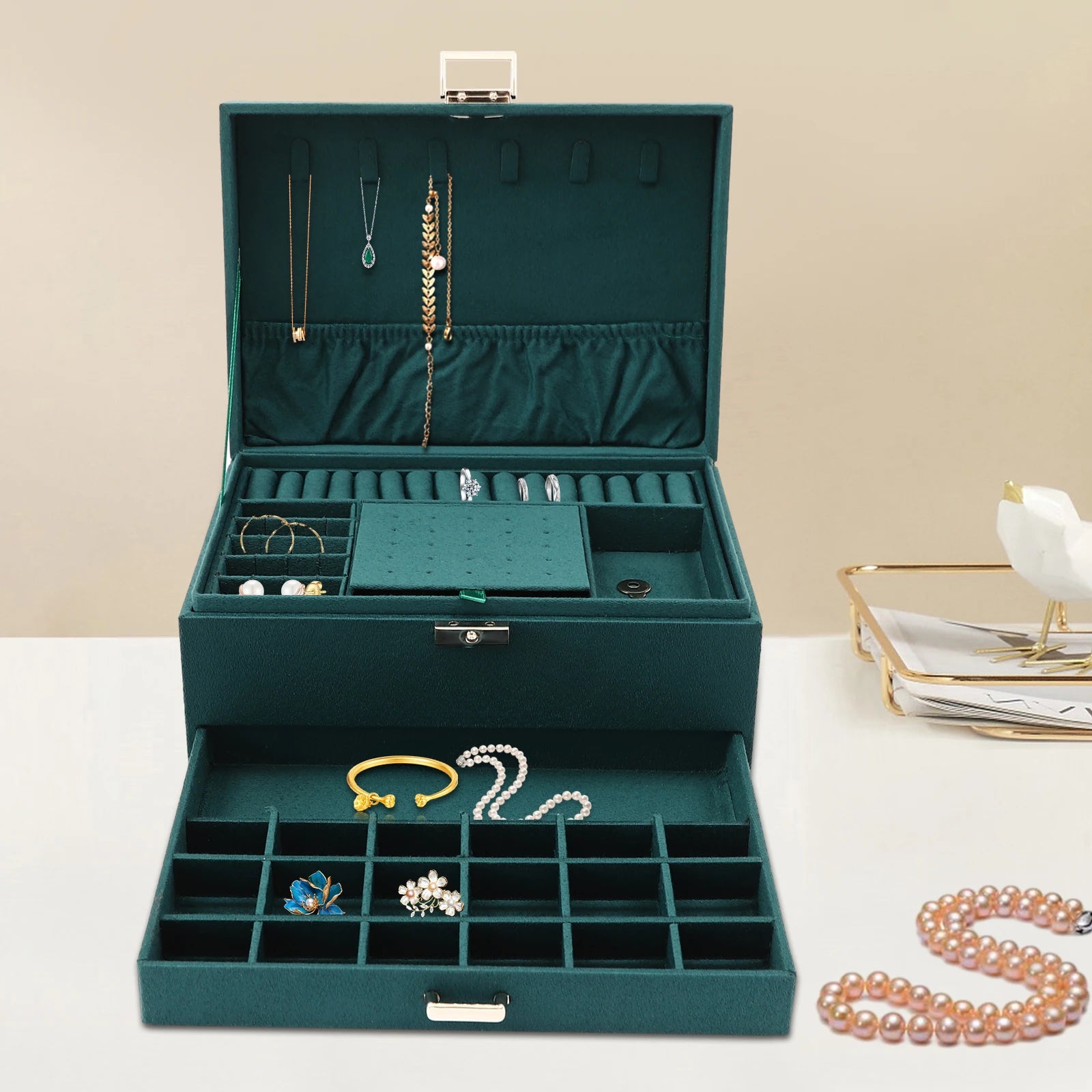 3-Tier Dark Green Jewelry Box
