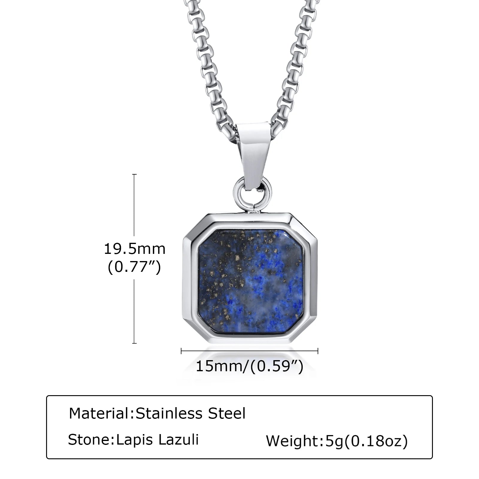 Square Natural Stone Pendant Necklace for Men in Stainless Steel