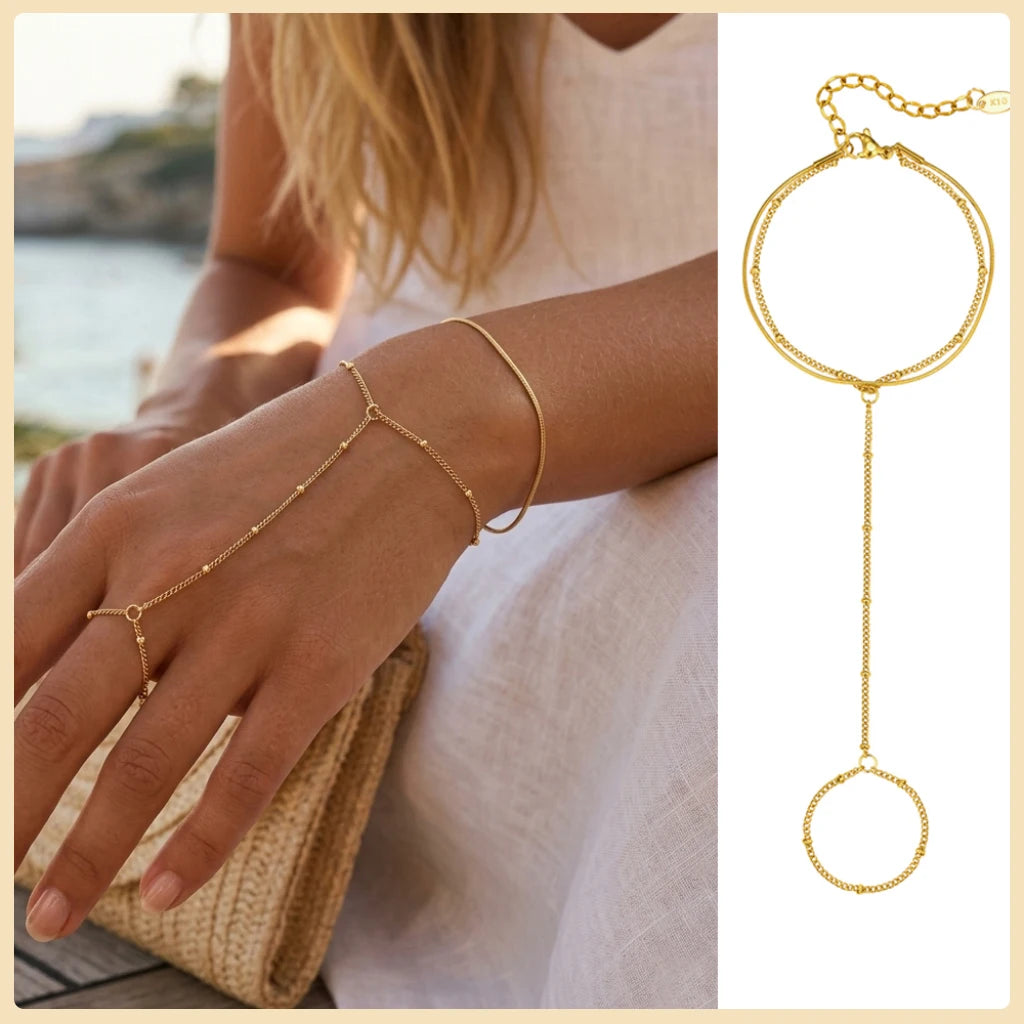 Gold Stainless Steel Hand Chain Ring Bracelet for Women
