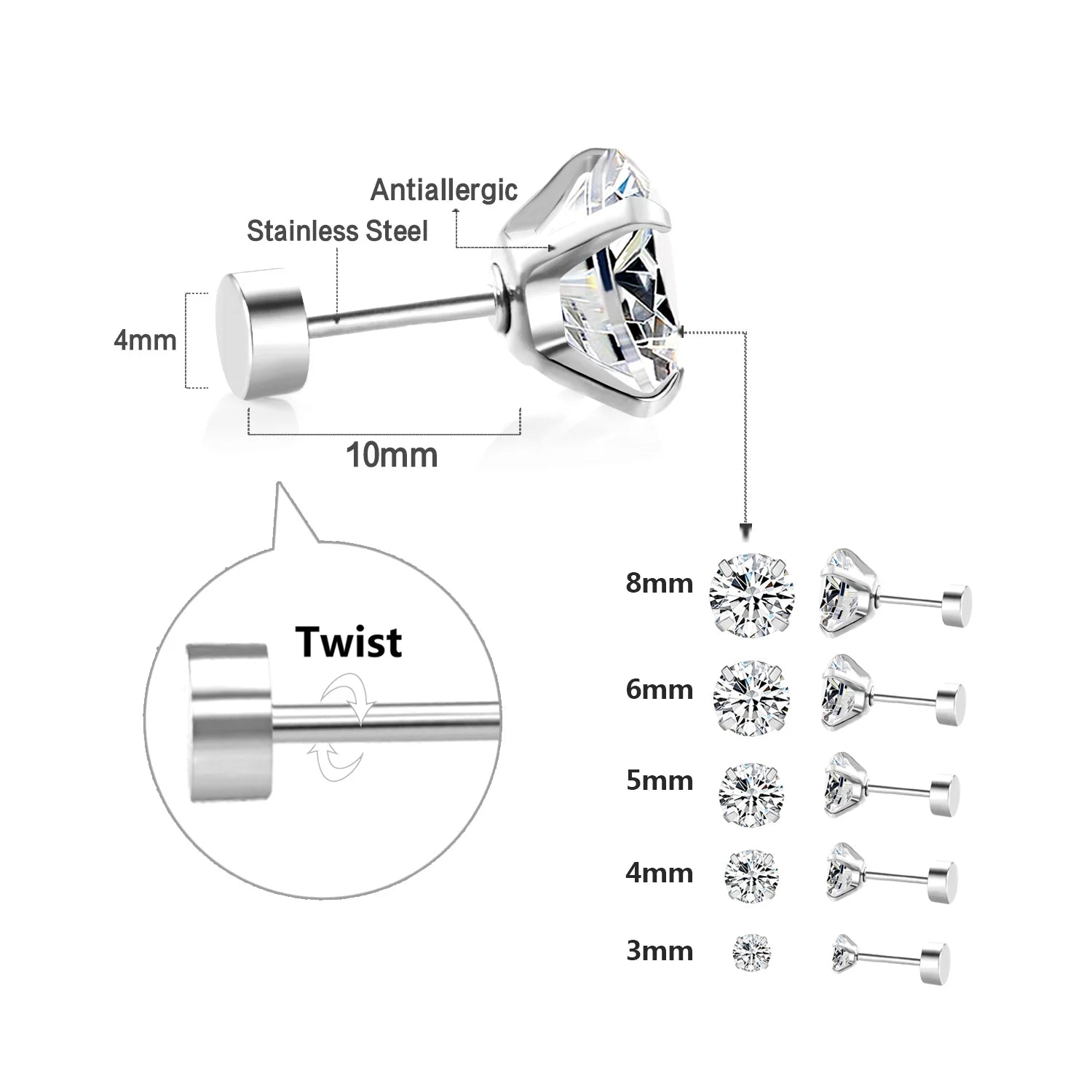 Stainless Steel Crystal Stud Earrings by LUXUSTEEL