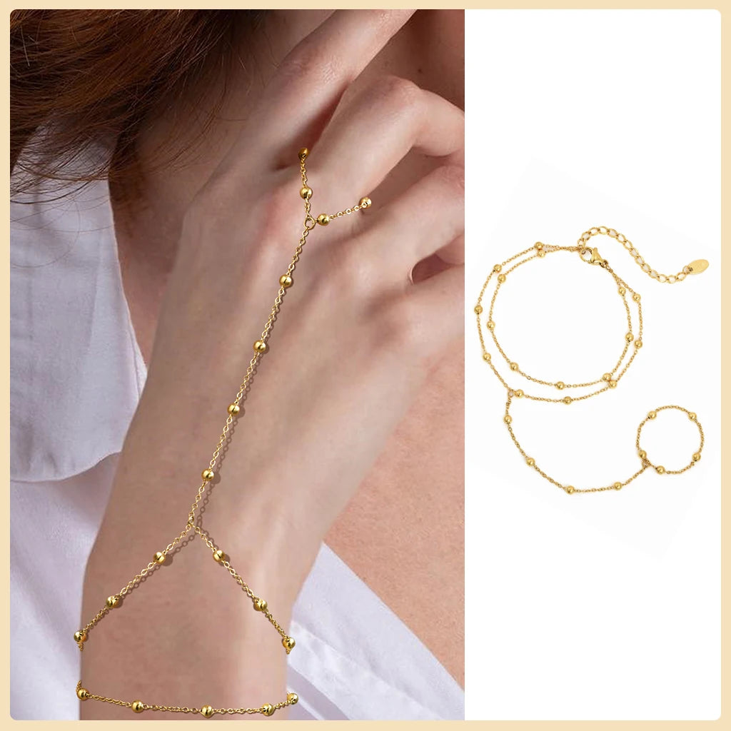 Gold Stainless Steel Hand Chain Ring Bracelet for Women