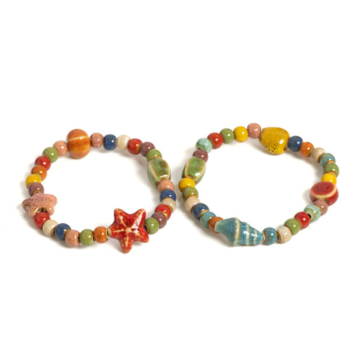 Ceramic Beaded Bracelet with Starfish and Seashells for Women