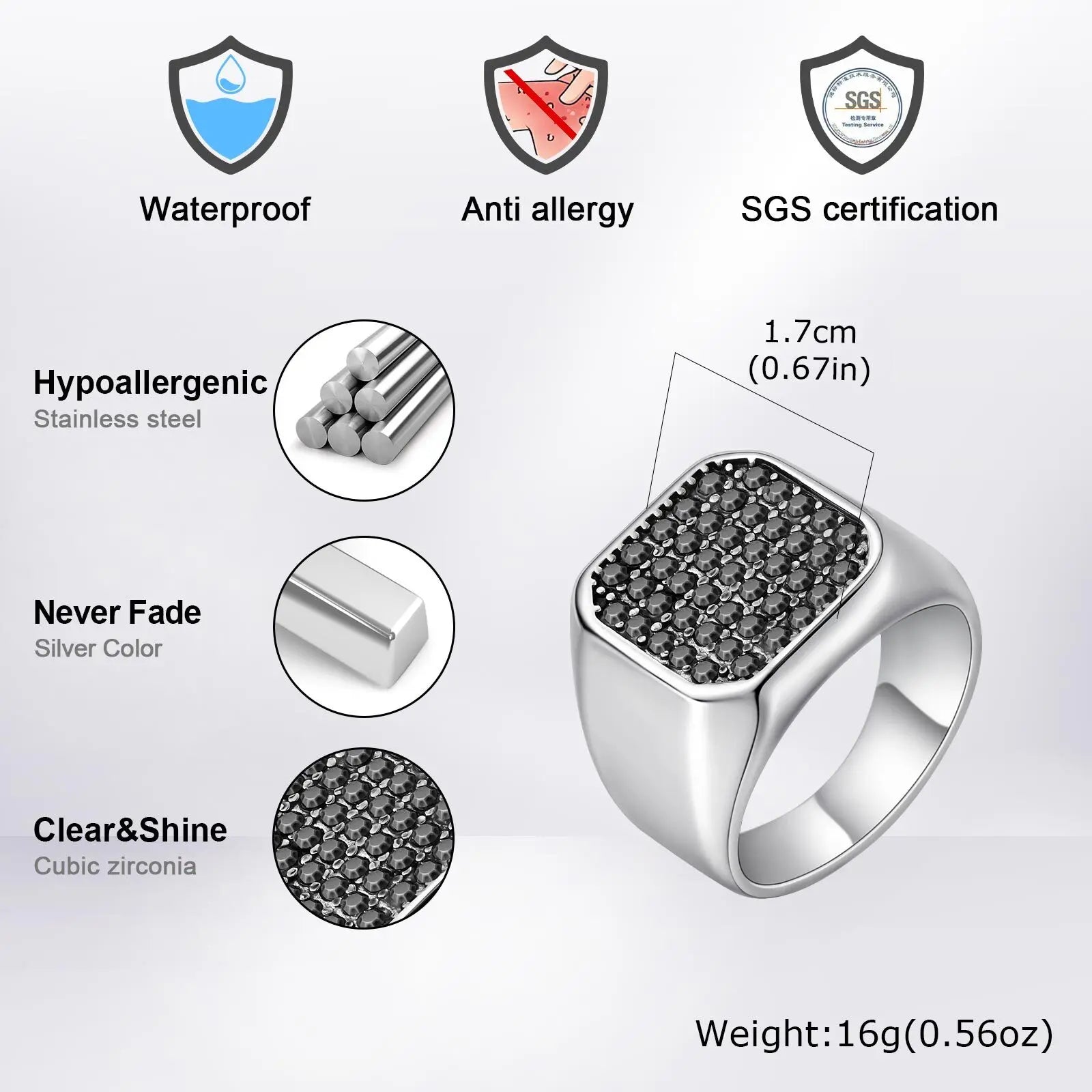 Vnox Stainless Steel Ring with Grey Zircon, Silver, US Size 7-12