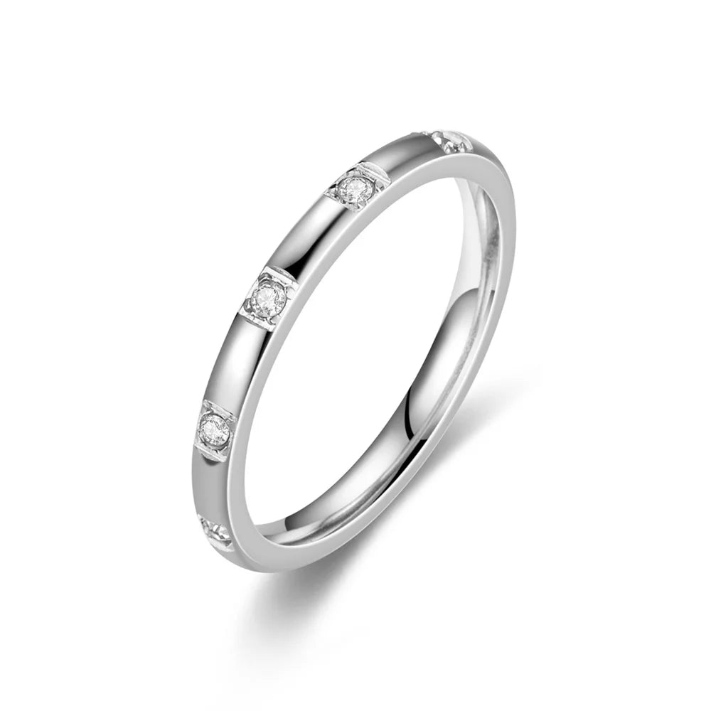 Women's Titanium Stainless Steel Crystal Ring 2mm Silver Color