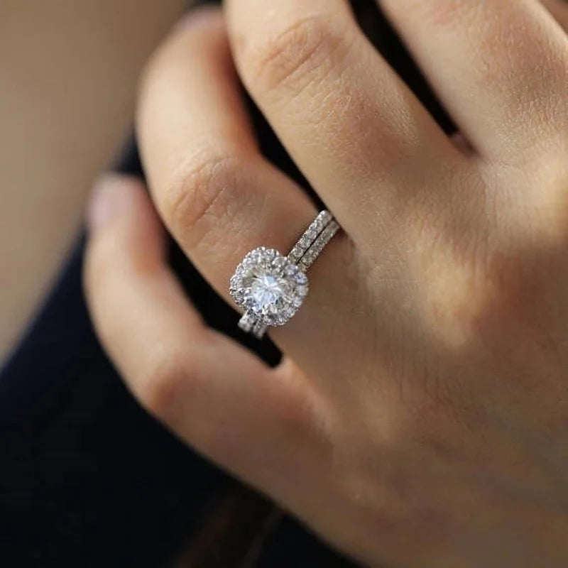 Women Silver Zircon Engagement Ring Set Bridal Jewelry
