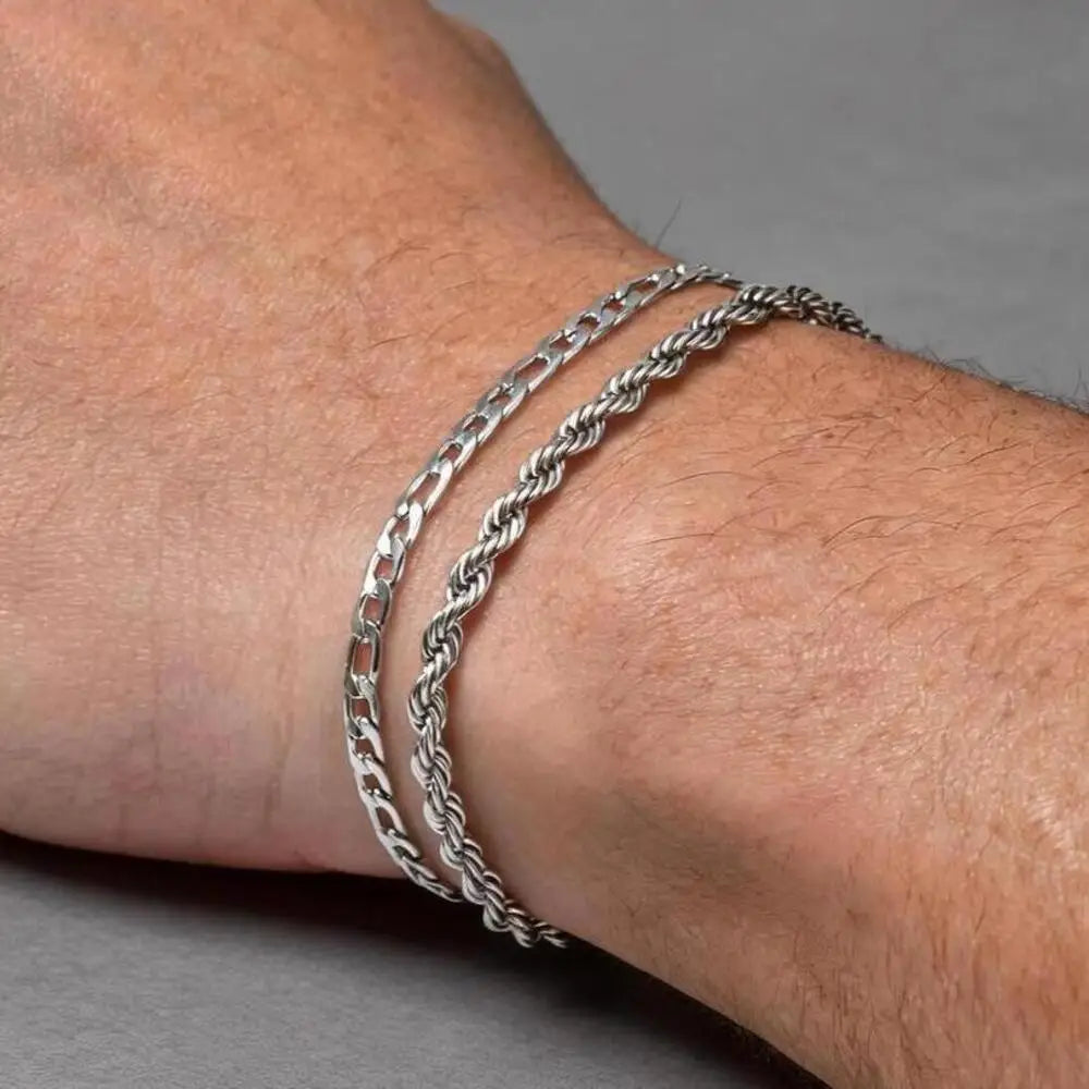 Men's Silver Stainless Steel Chain Bracelets, Adjustable Rope Wristband