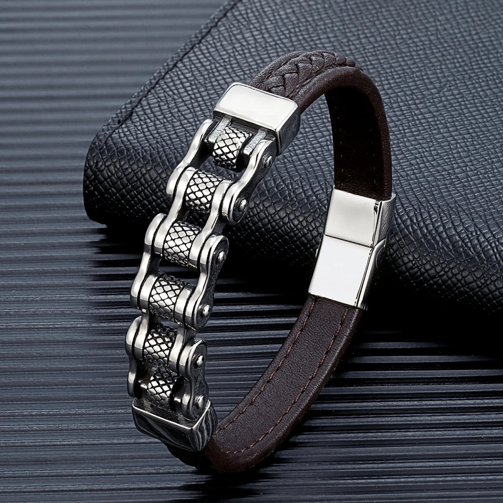 Genuine Leather Bracelet MKENDN Punk Men Biker Chain
