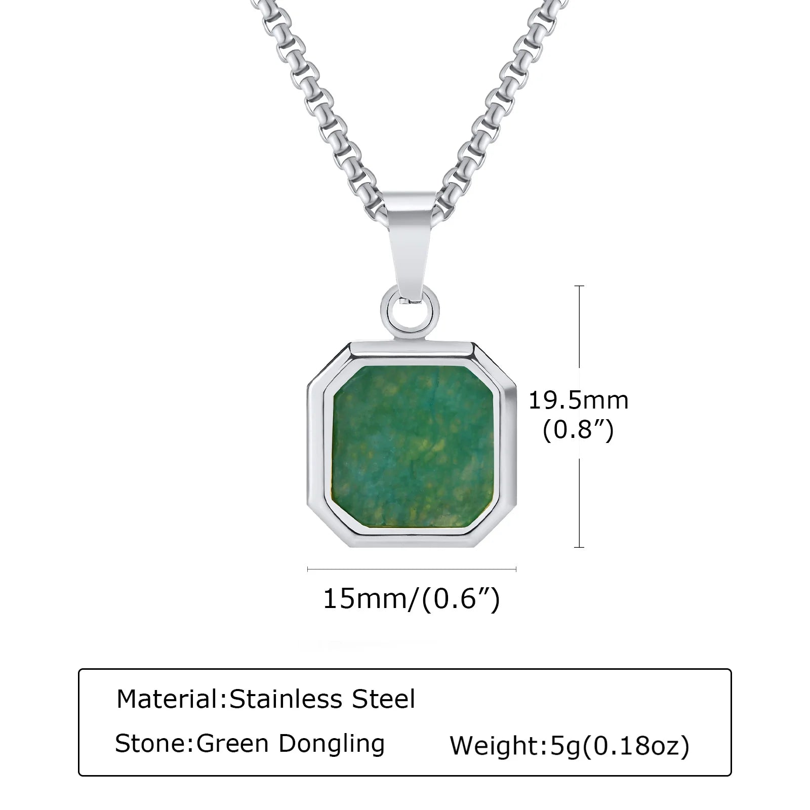 Square Natural Stone Pendant Necklace for Men in Stainless Steel