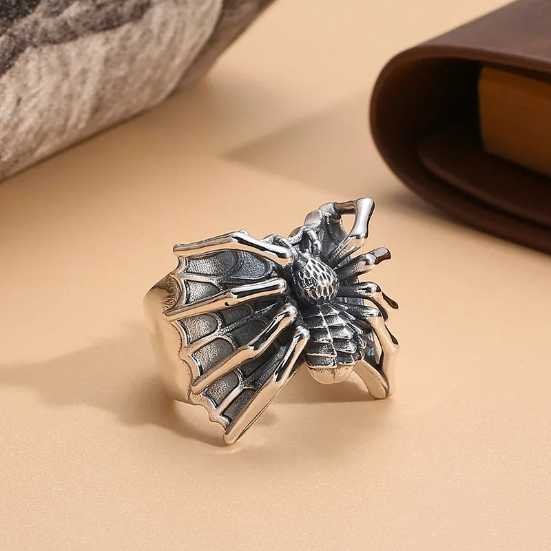 Gothic Spider Webs Lizard Ring for Men Antique Silver