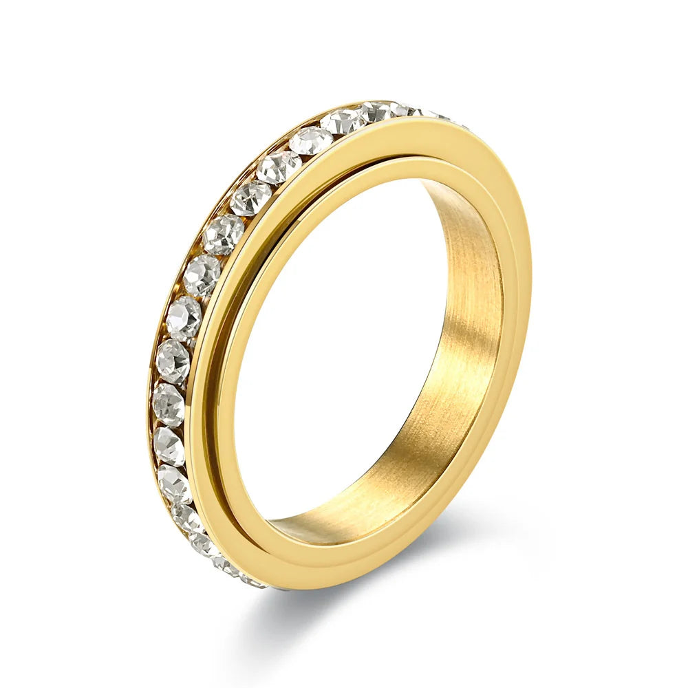 Fidget Anxiety Ring Women's Stainless Steel Crystal Spinner