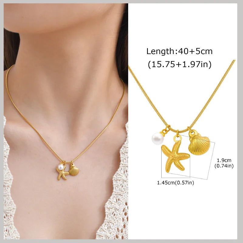 Gold Plated Pearl Shell Conch Starfish Necklace for Women