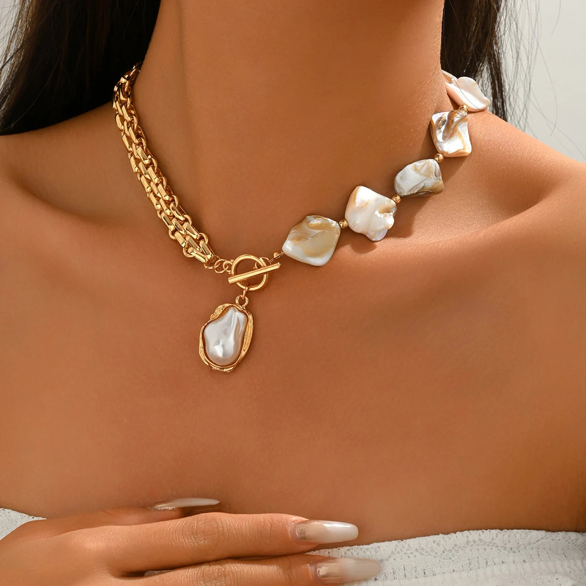 Boho Pearl Choker Necklace with Asymmetric Cuban Link Chain