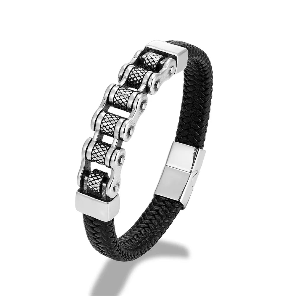 Genuine Leather Bracelet MKENDN Punk Men Biker Chain