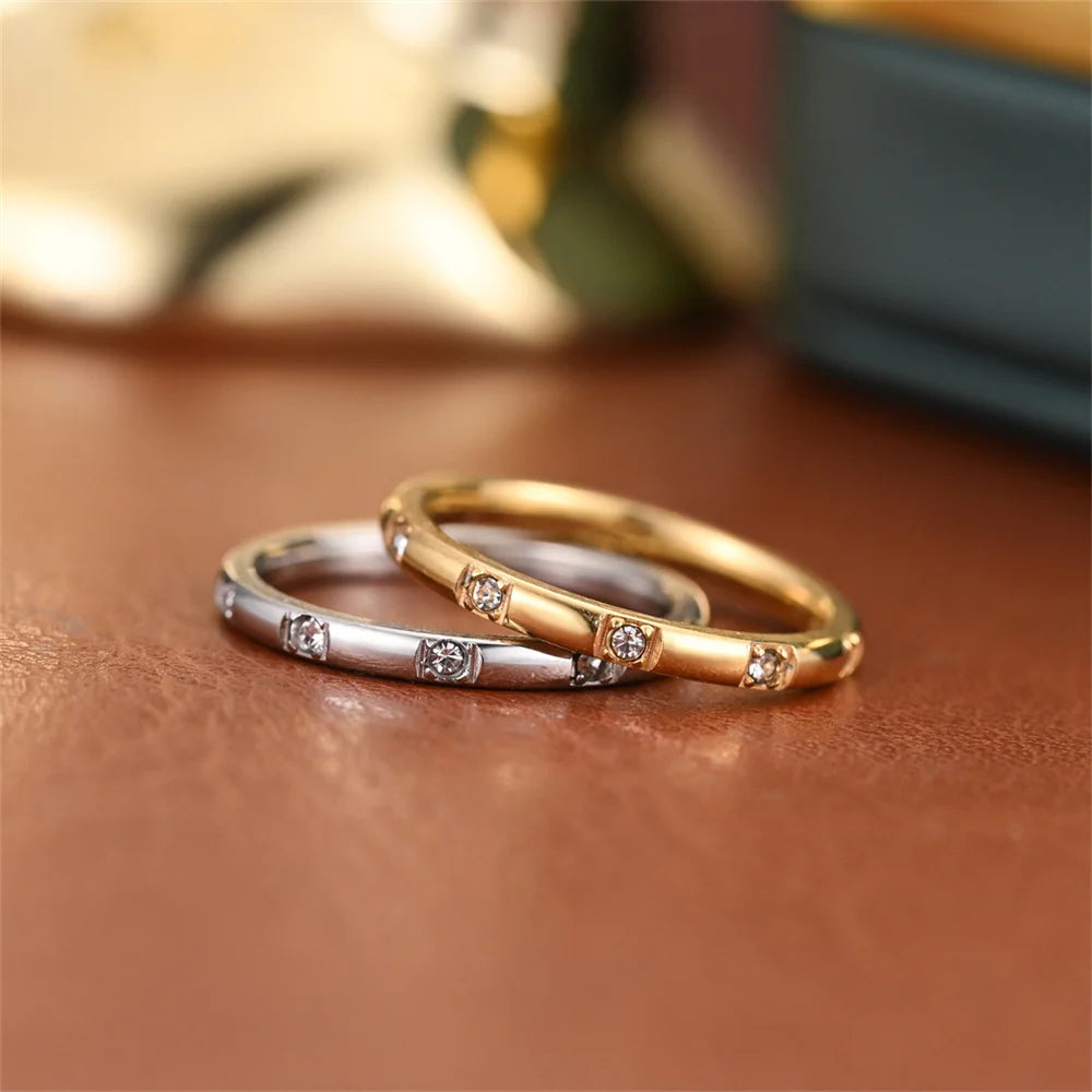 Women's Titanium Stainless Steel Crystal Ring 2mm Silver Color