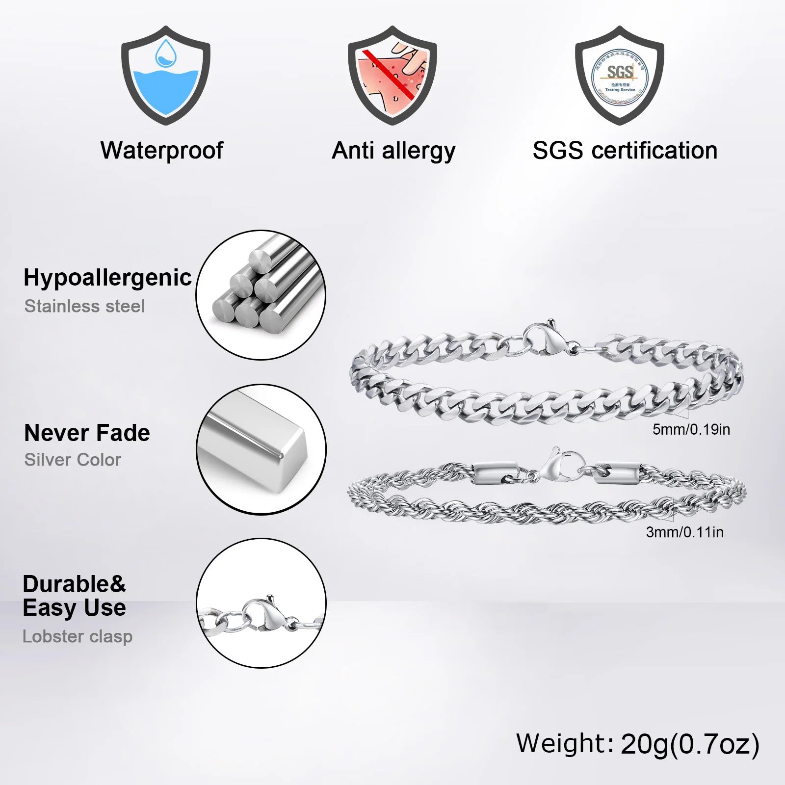 Men's Stainless Steel Chain Bracelets 2pcs Set in Silver Gold Black