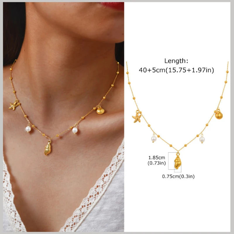 Gold Plated Pearl Shell Conch Starfish Necklace for Women