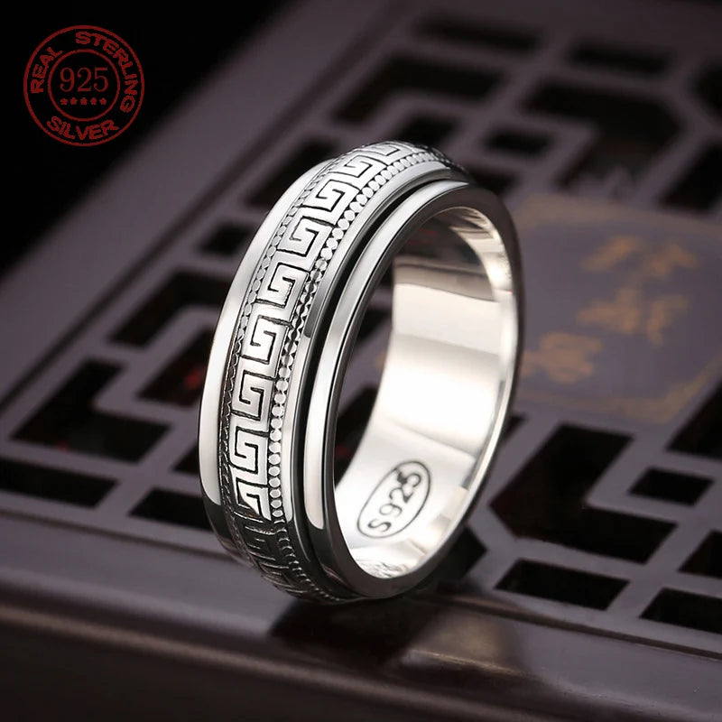 S925 Sterling Silver Great Wall Pattern Spinner Ring