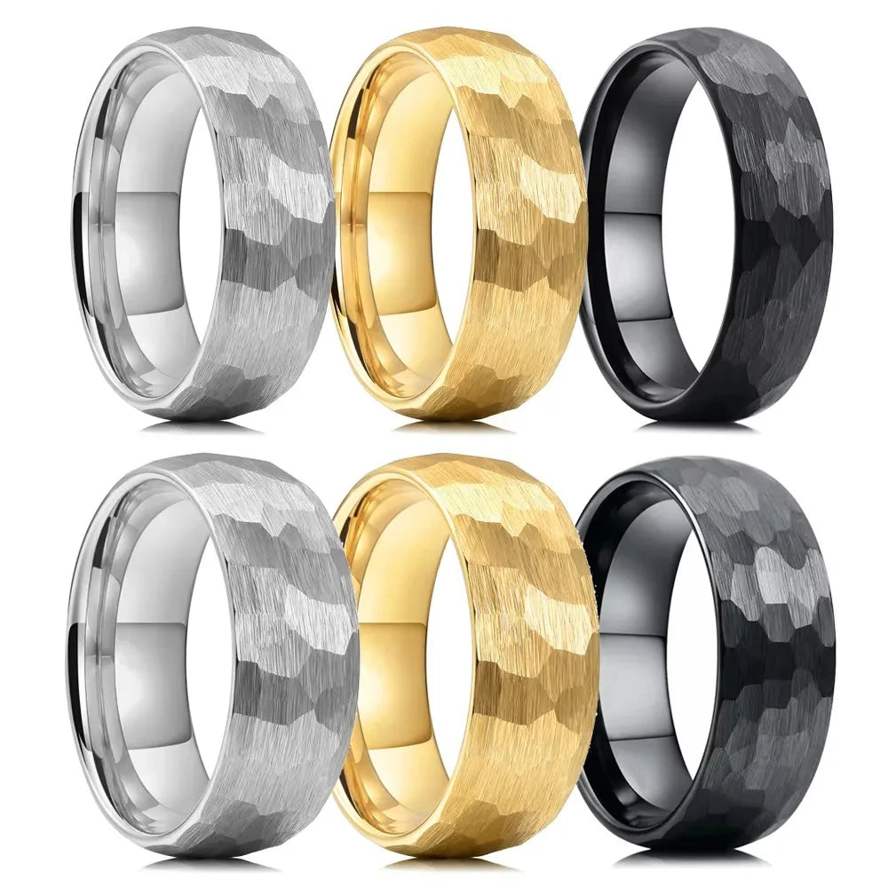 Stainless Steel Couple Ring Hammered Multi-faceted Wedding Jewelry