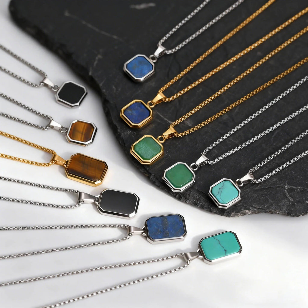 Square Natural Stone Pendant Necklace for Men in Stainless Steel