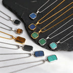 Square Natural Stone Pendant Necklace for Men in Stainless Steel