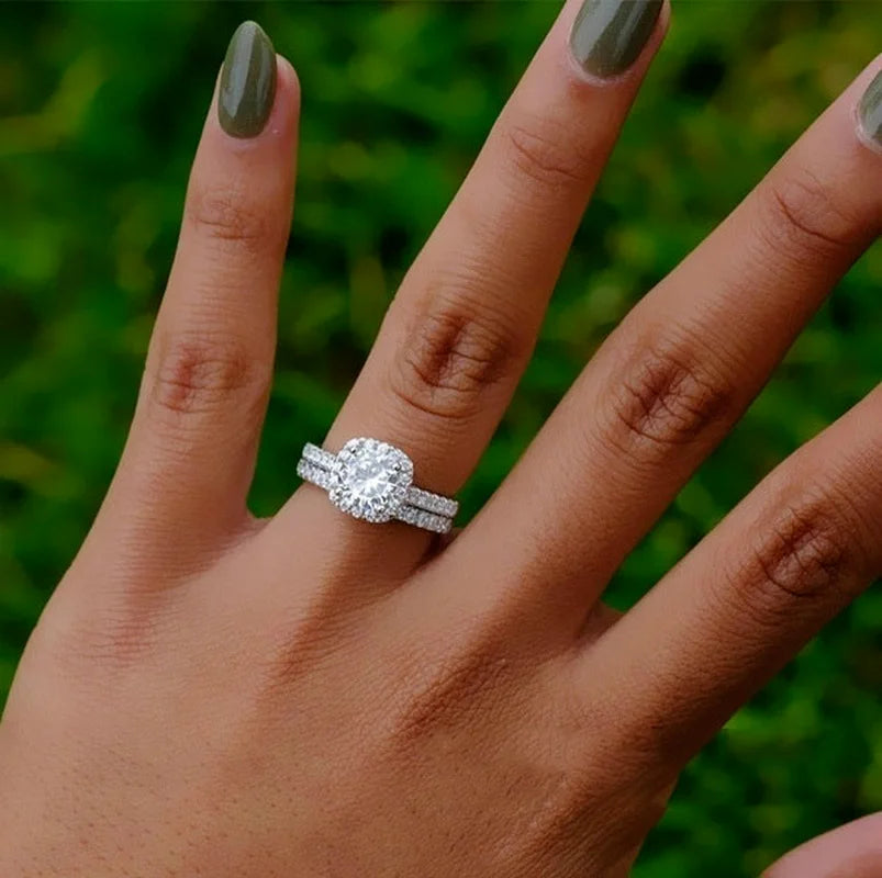 Women Silver Zircon Engagement Ring Set Bridal Jewelry