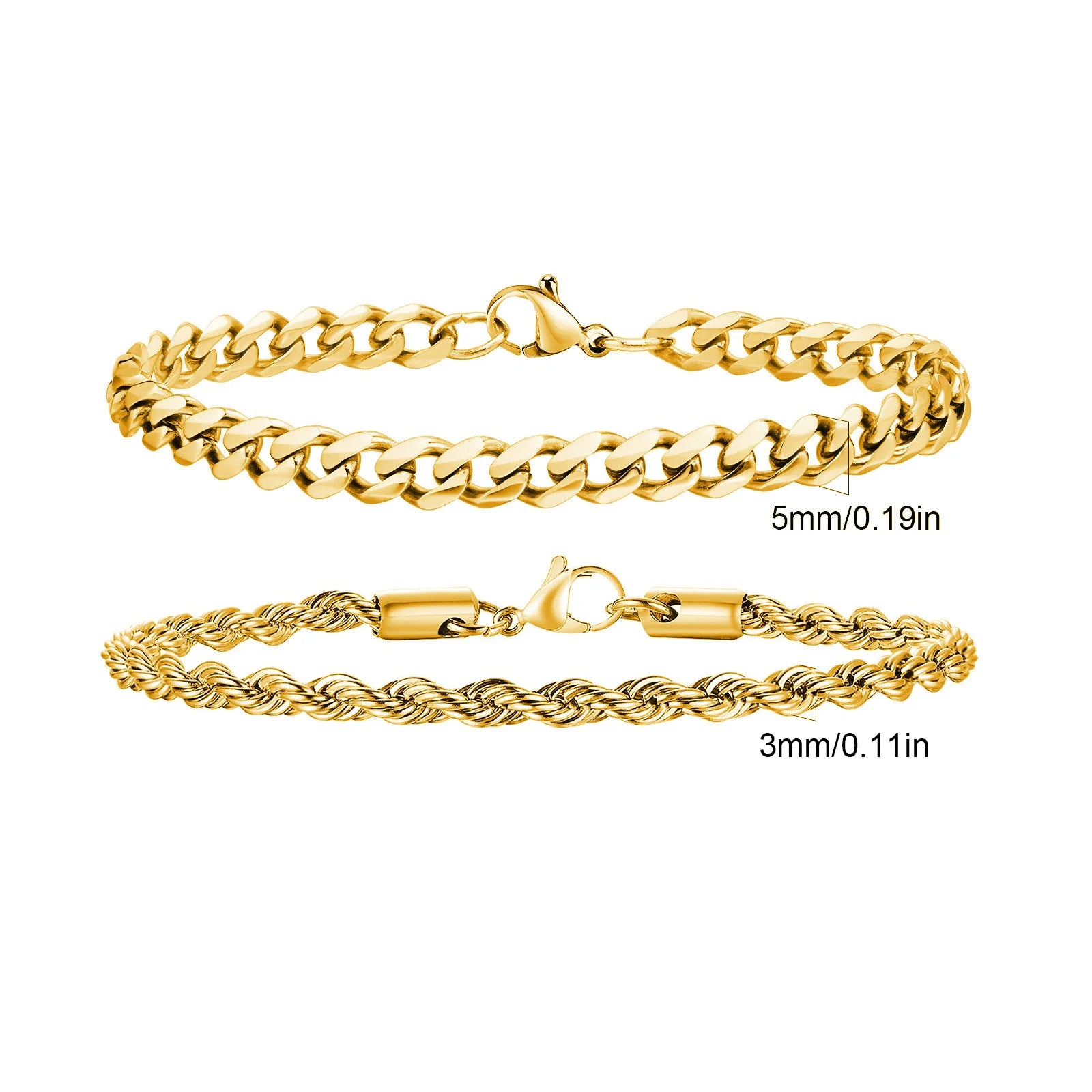 Men's Stainless Steel Chain Bracelets 2pcs Set in Silver Gold Black