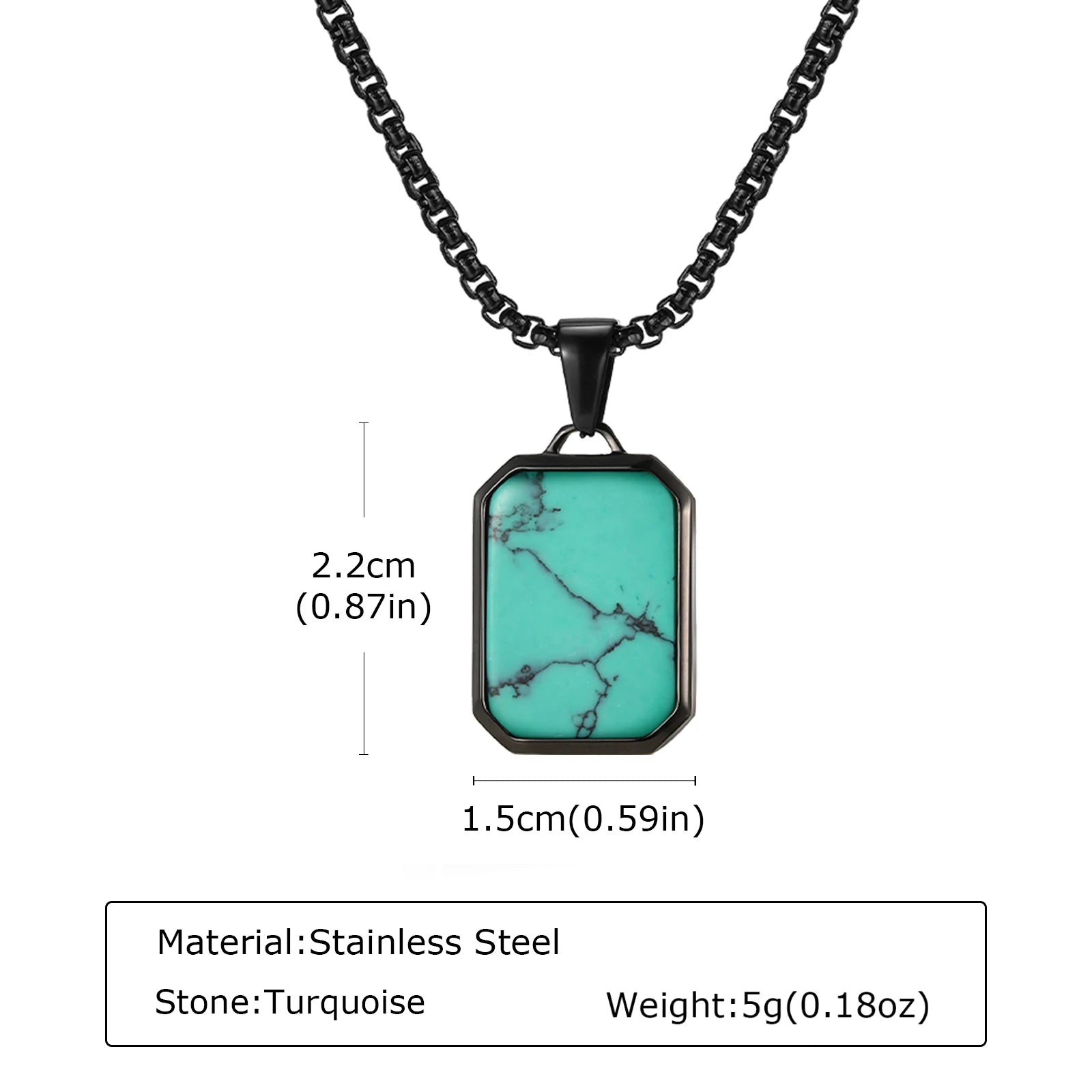 Square Natural Stone Pendant Necklace for Men in Stainless Steel