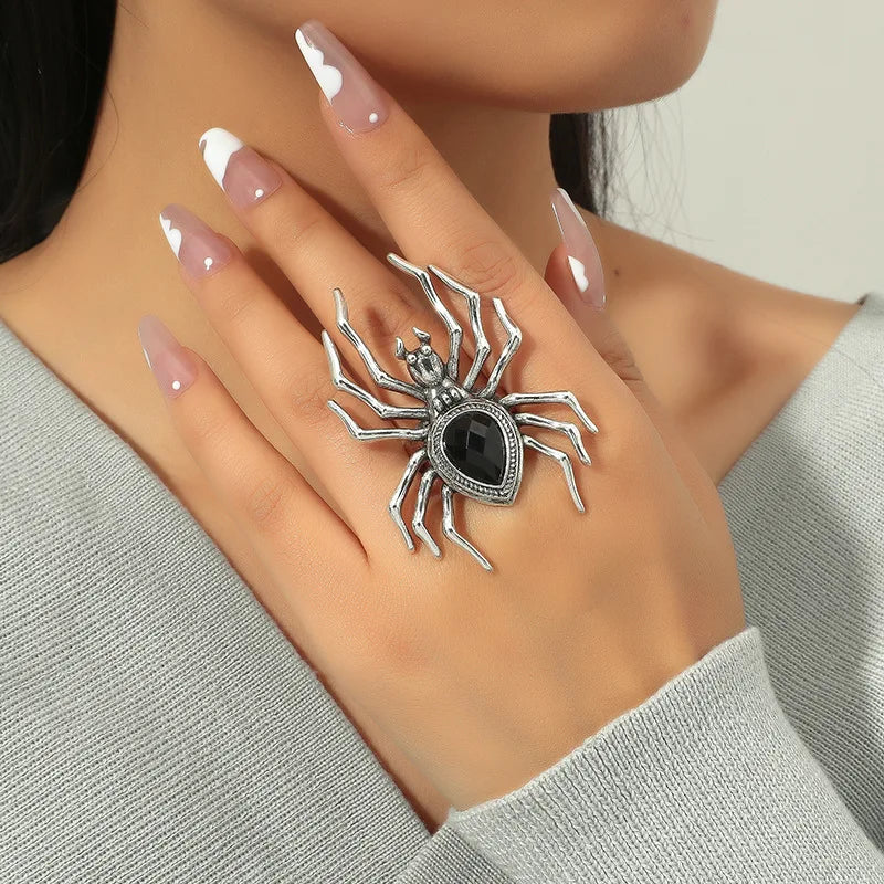 Gothic Spider Webs Lizard Ring for Men Antique Silver