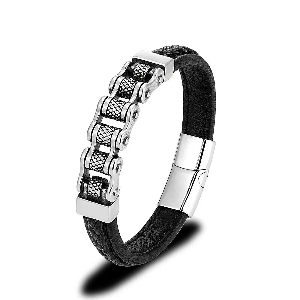 Genuine Leather Bracelet MKENDN Punk Men Biker Chain