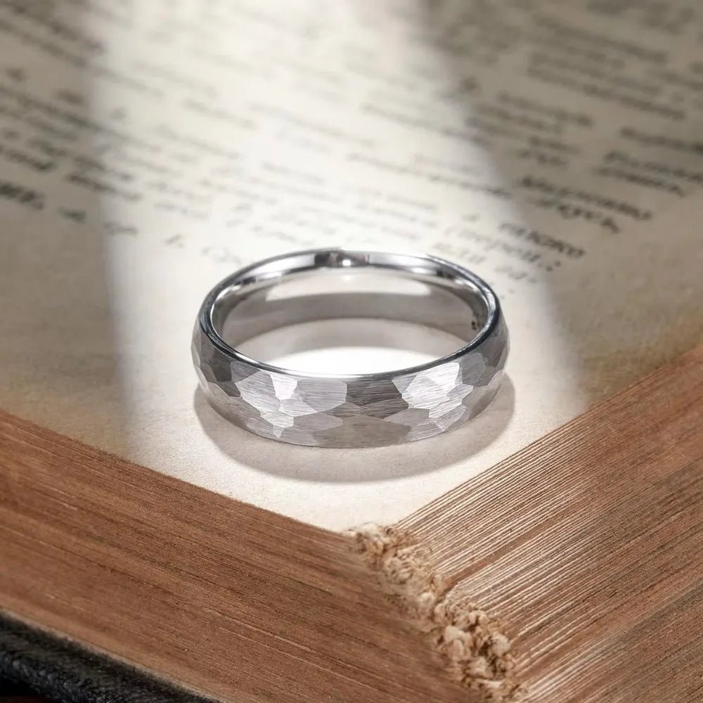 Stainless Steel Couple Ring Hammered Multi-faceted Wedding Jewelry