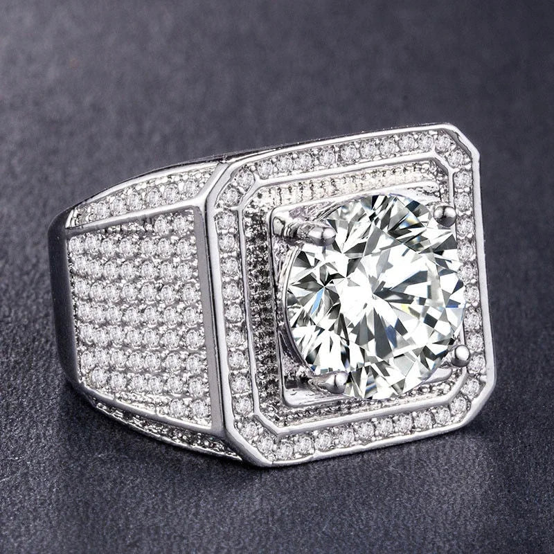 Rhinestone Hip Hop Square Ring Pave Setting CZ Engagement Ring