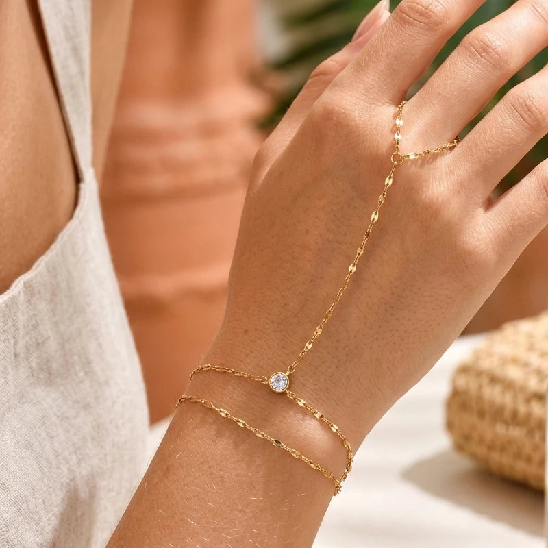 Gold Stainless Steel Hand Chain Ring Bracelet for Women