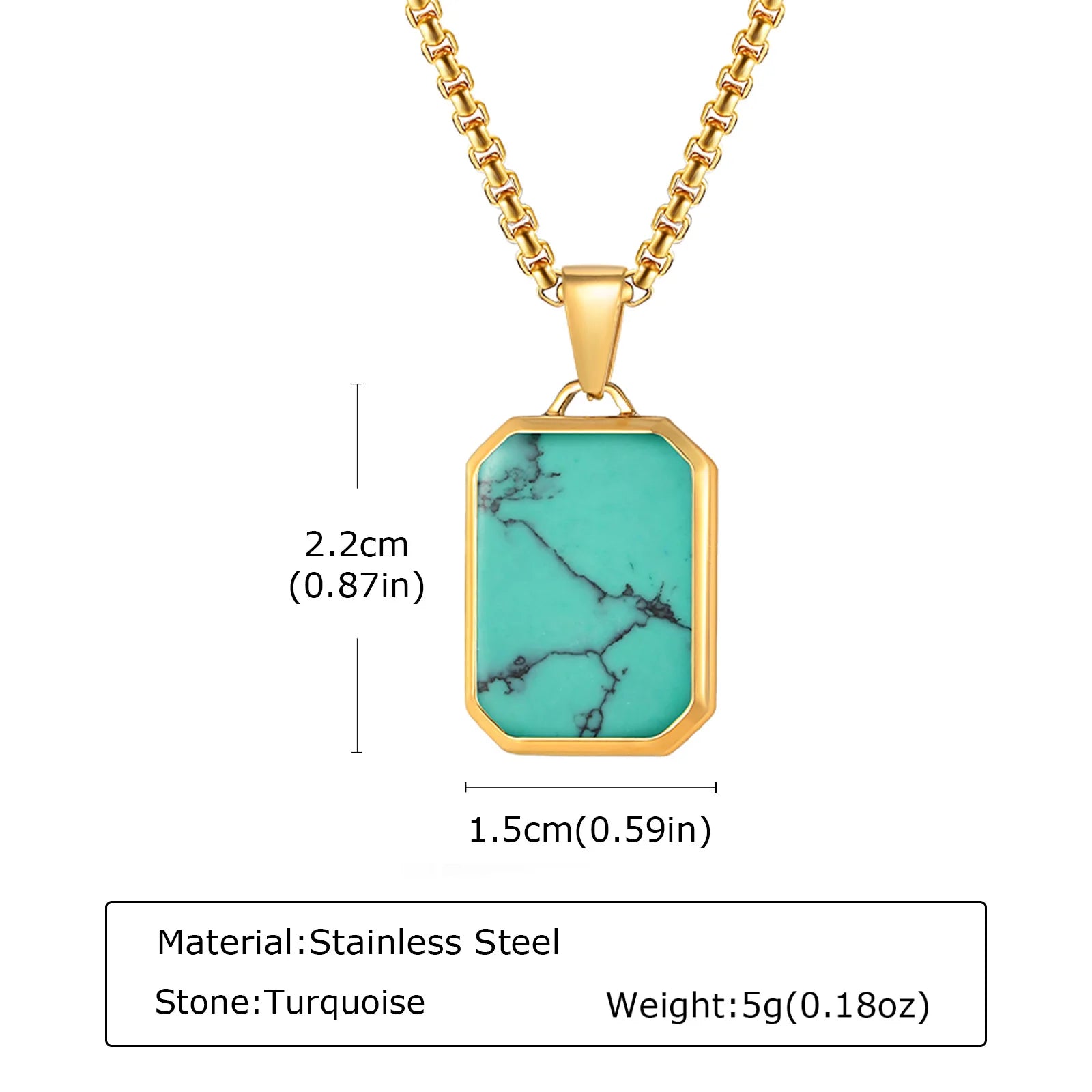 Square Natural Stone Pendant Necklace for Men in Stainless Steel