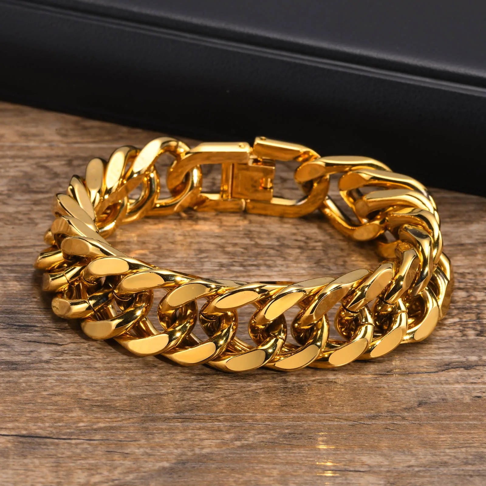 Gold Plated Chunky Chain Bracelet for Men, Stainless Steel