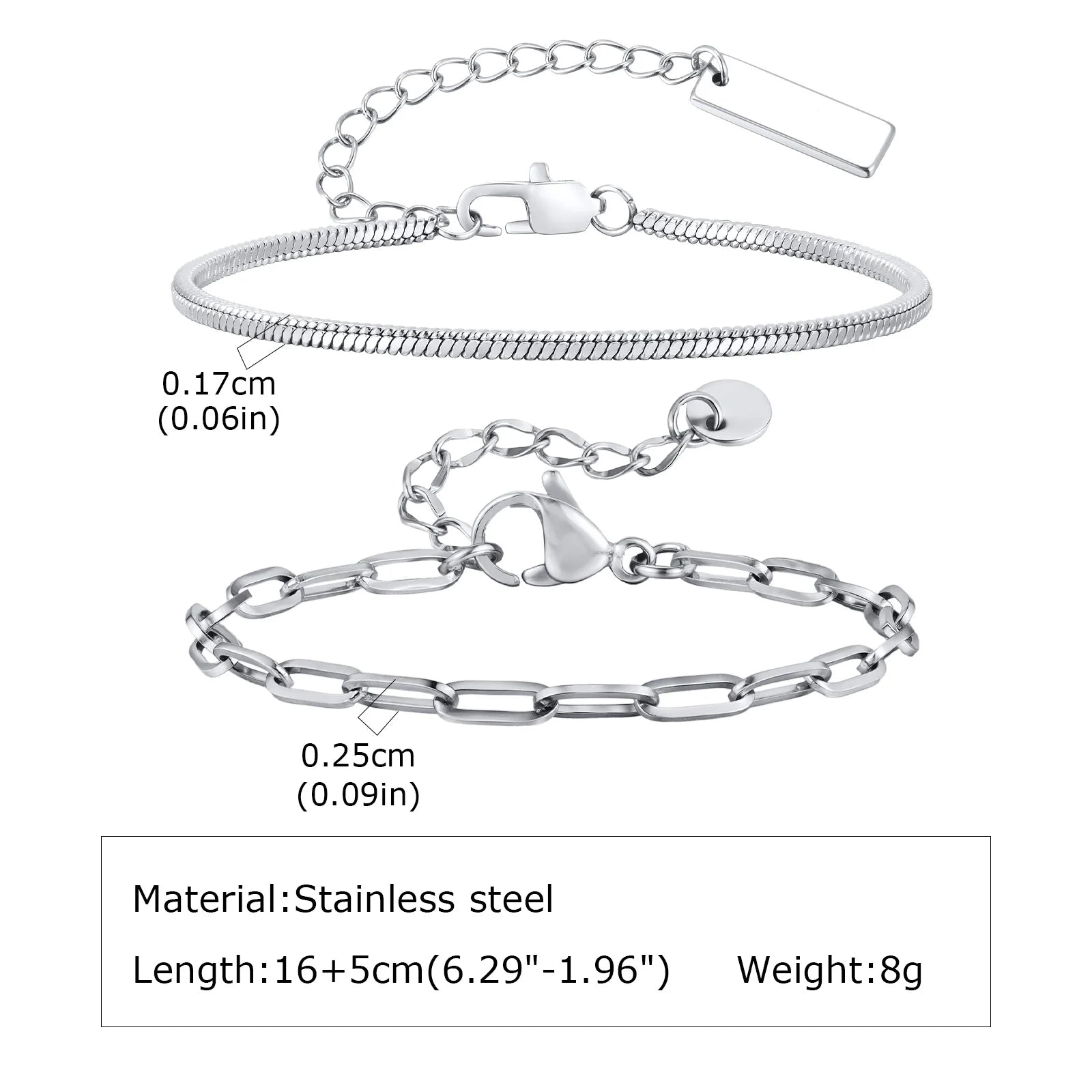 Men's Silver Stainless Steel Chain Bracelets, Adjustable Rope Wristband