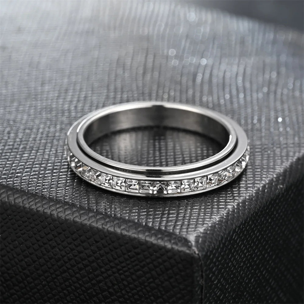 Fidget Anxiety Ring Women's Stainless Steel Crystal Spinner