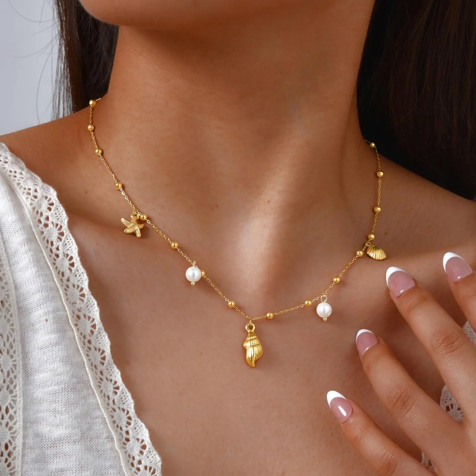 Gold Plated Pearl Shell Conch Starfish Necklace for Women