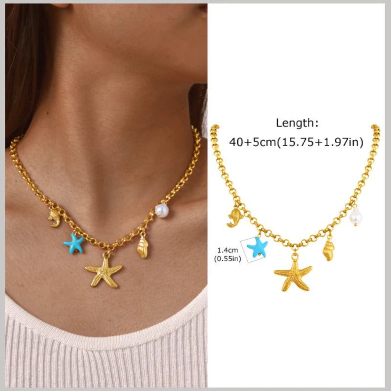 Gold Plated Pearl Shell Conch Starfish Necklace for Women