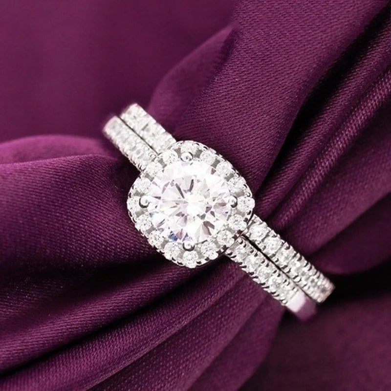 Women Silver Zircon Engagement Ring Set Bridal Jewelry