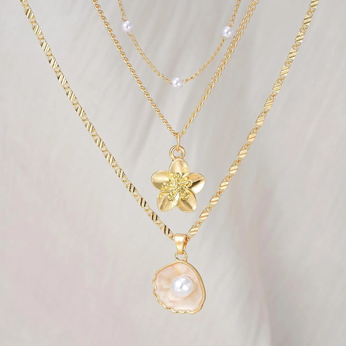 Faux Pearl Seashell Flower Necklace Set for Women