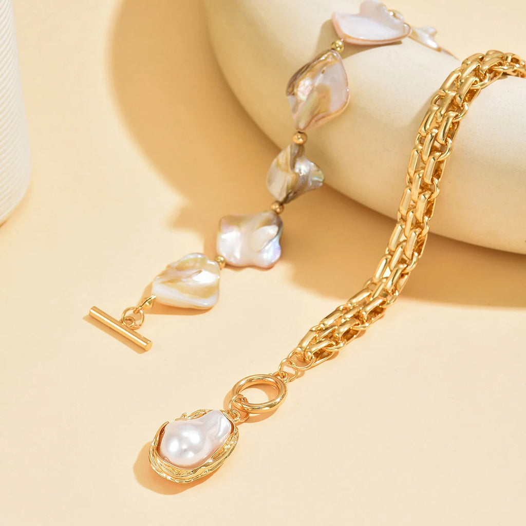 Boho Pearl Choker Necklace with Asymmetric Cuban Link Chain