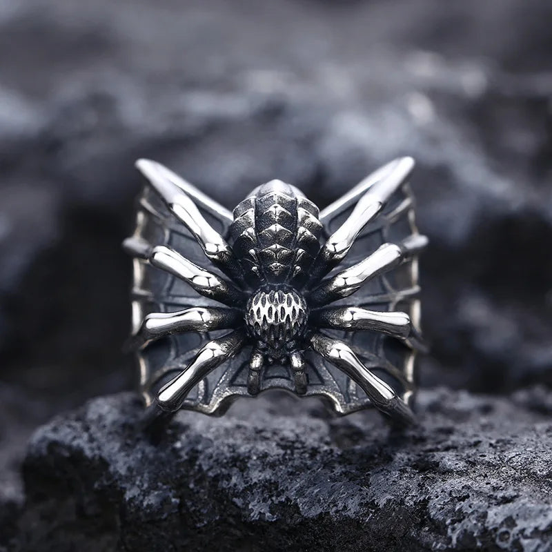 Gothic Spider Webs Lizard Ring for Men Antique Silver