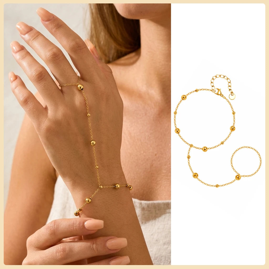 Gold Stainless Steel Hand Chain Ring Bracelet for Women