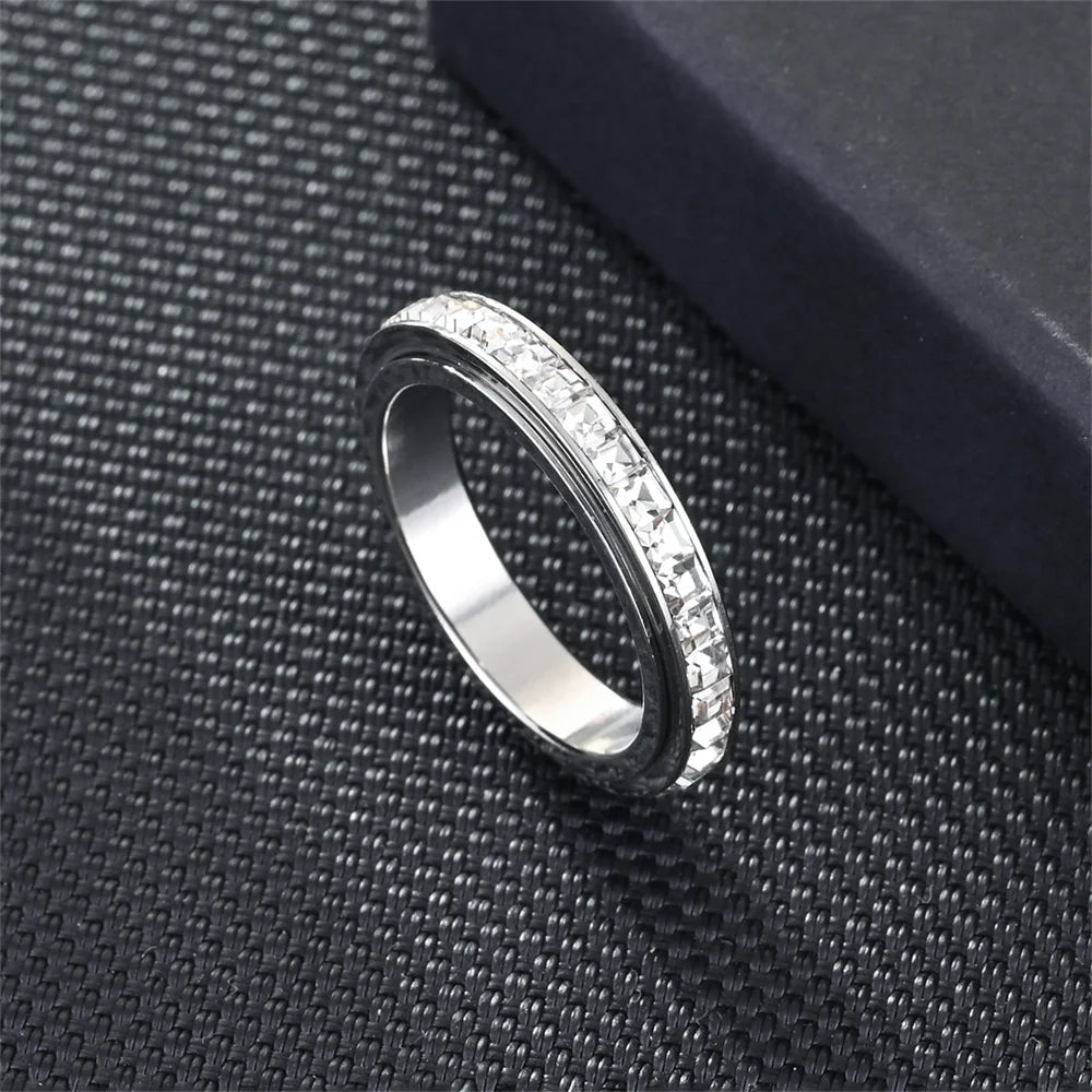 Fidget Anxiety Ring Women's Stainless Steel Crystal Spinner