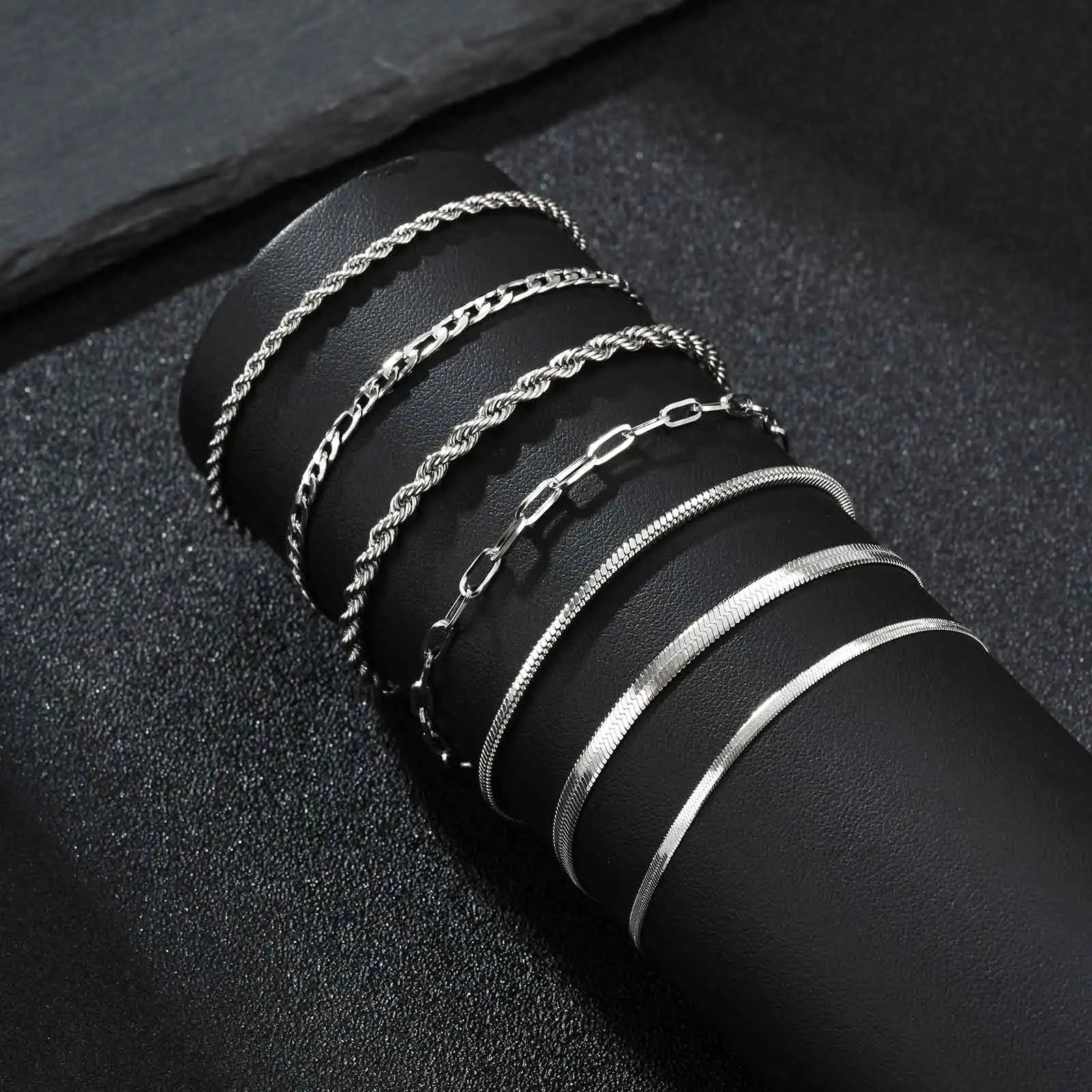 Men's Silver Stainless Steel Chain Bracelets, Adjustable Rope Wristband