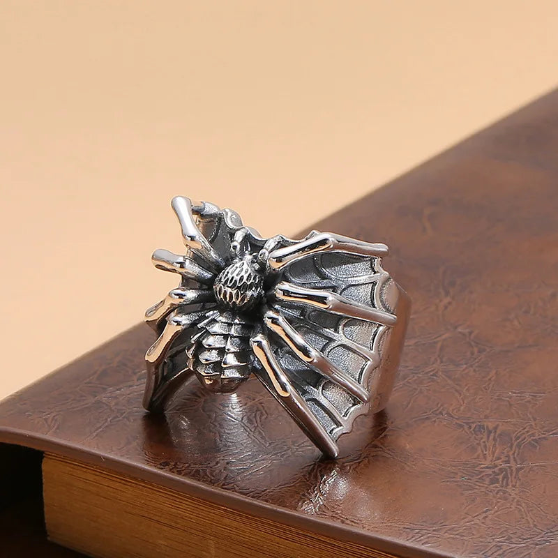 Gothic Spider Webs Lizard Ring for Men Antique Silver